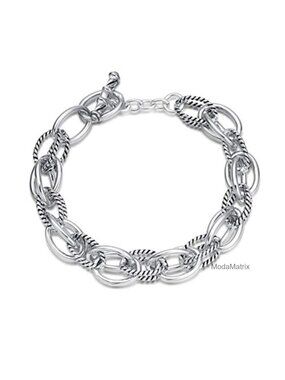 Women's Designer Inspired Double Twisted Cable Wire Link Bracelet Silver Tone